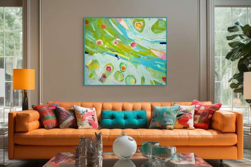 Nowoczesny salon z pomarańczową sofą i kolorowymi poduszkami, na ścianie zawieszony energetyczny obraz abstrakcyjny – idealny przykład, jak dobrać obraz abstrakcyjny do wyrazistego wnętrza. A modern living room with an orange sofa and colorful cushions, featuring a vibrant abstract painting on the wall – a perfect example of how to choose an abstract painting for a bold and expressive interior.